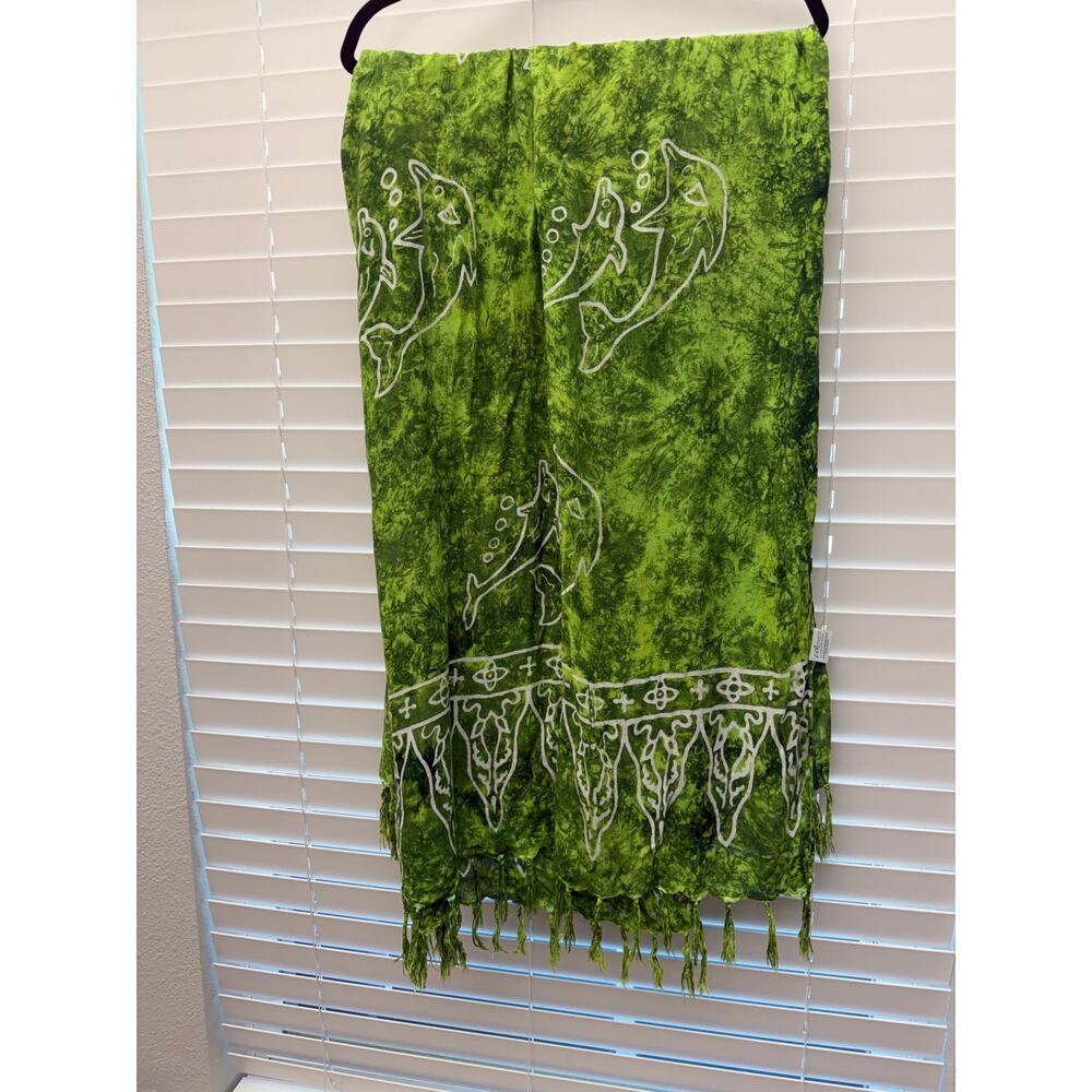 Green Dolphin Print Fringe Scarf Wrap Sarong Beach Cover Up Rayon